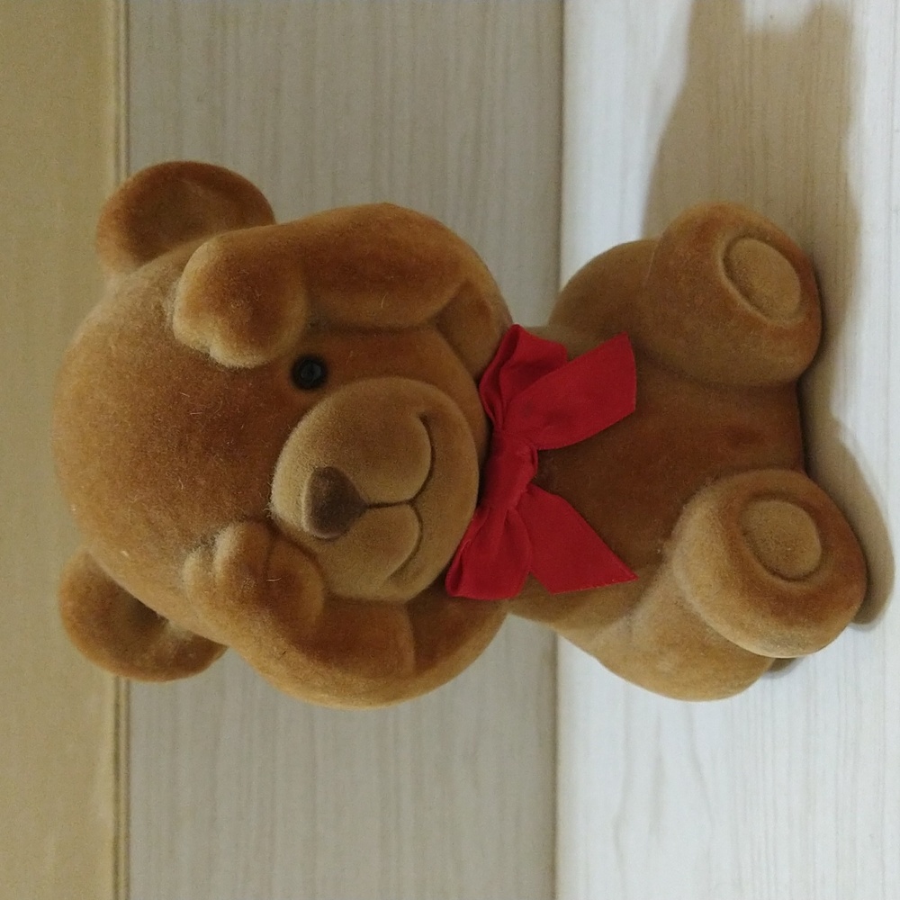 RARE Vintage Flocked Ceramic Teddy Bear Coin Bank With Stopper